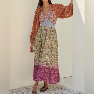 Mahila boho mixed print tiered maxi dress v-neck, smocking festival cottagecore